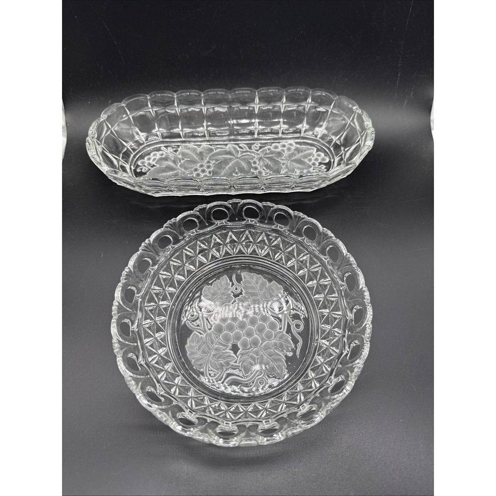 2pc Vintage Imperial Glass Grape Set Bowl & Oblong Serving Dish Frosted Lace Rim